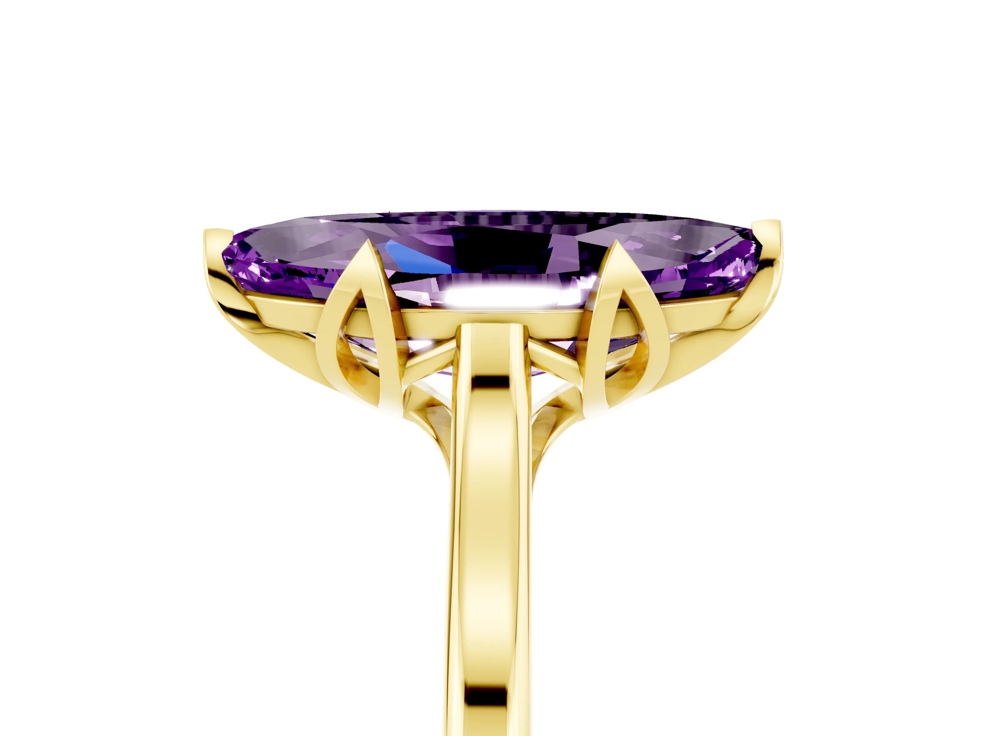 Yellow gold Marquise Cut Amethyst Solitaire Ring with Flower Prong Setting and Classic Band_17