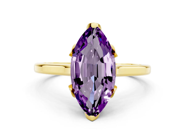 Yellow gold Marquise Cut Amethyst Solitaire Ring with Flower Prong Setting and Classic Band