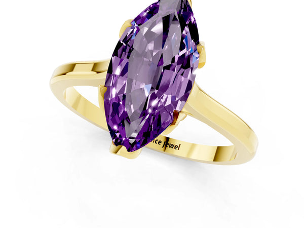 Yellow gold Marquise Cut Amethyst Solitaire Ring with Flower Prong Setting and Classic Band