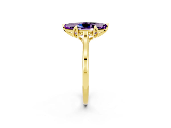 Yellow gold Marquise Cut Amethyst Solitaire Ring with Flower Prong Setting and Classic Band