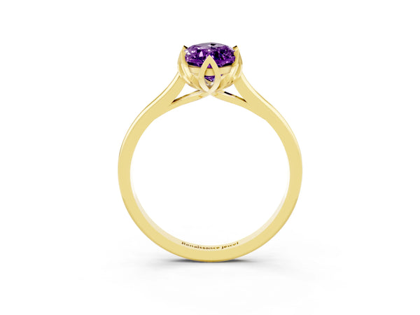 Yellow gold Marquise Cut Amethyst Solitaire Ring with Flower Prong Setting and Classic Band