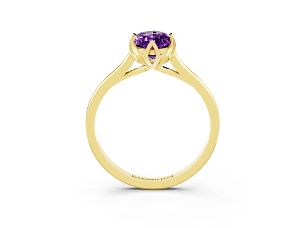 Yellow Gold Marquise Amethyst Floral Solitaire Engagement Ring with Flower Prong Head and Plain Band