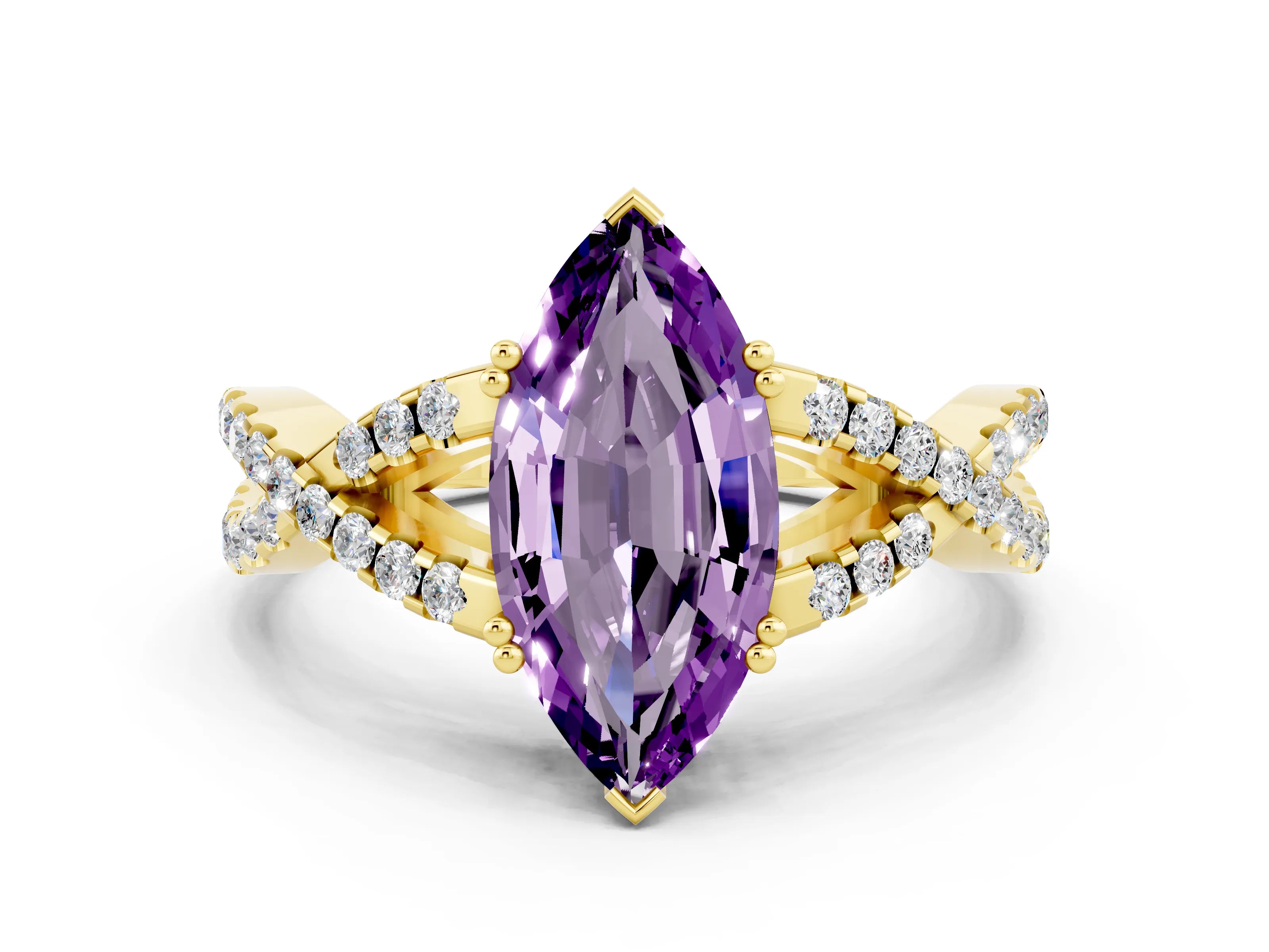 Yellow gold Marquise Cut Amethyst Solitaire Ring with Four-Prong Setting and Twisted Pavé Band