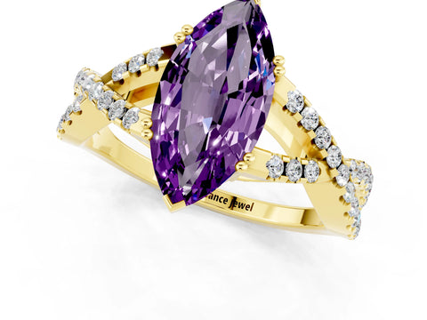 Yellow gold Marquise Cut Amethyst Solitaire Ring with Four-Prong Setting and Twisted Pavé Band_1