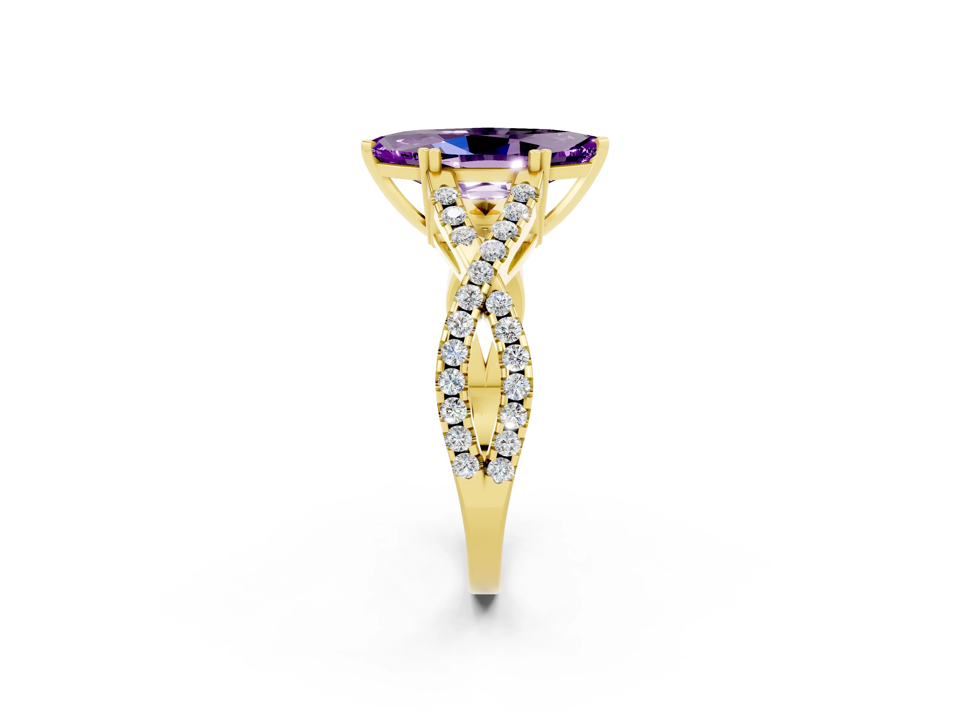 Yellow gold Marquise Cut Amethyst Solitaire Ring with Four-Prong Setting and Twisted Pavé Band_2