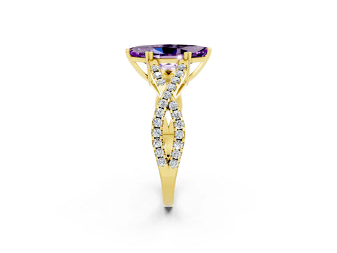 Yellow gold Marquise Cut Amethyst Solitaire Ring with Four-Prong Setting and Twisted Pavé Band_2