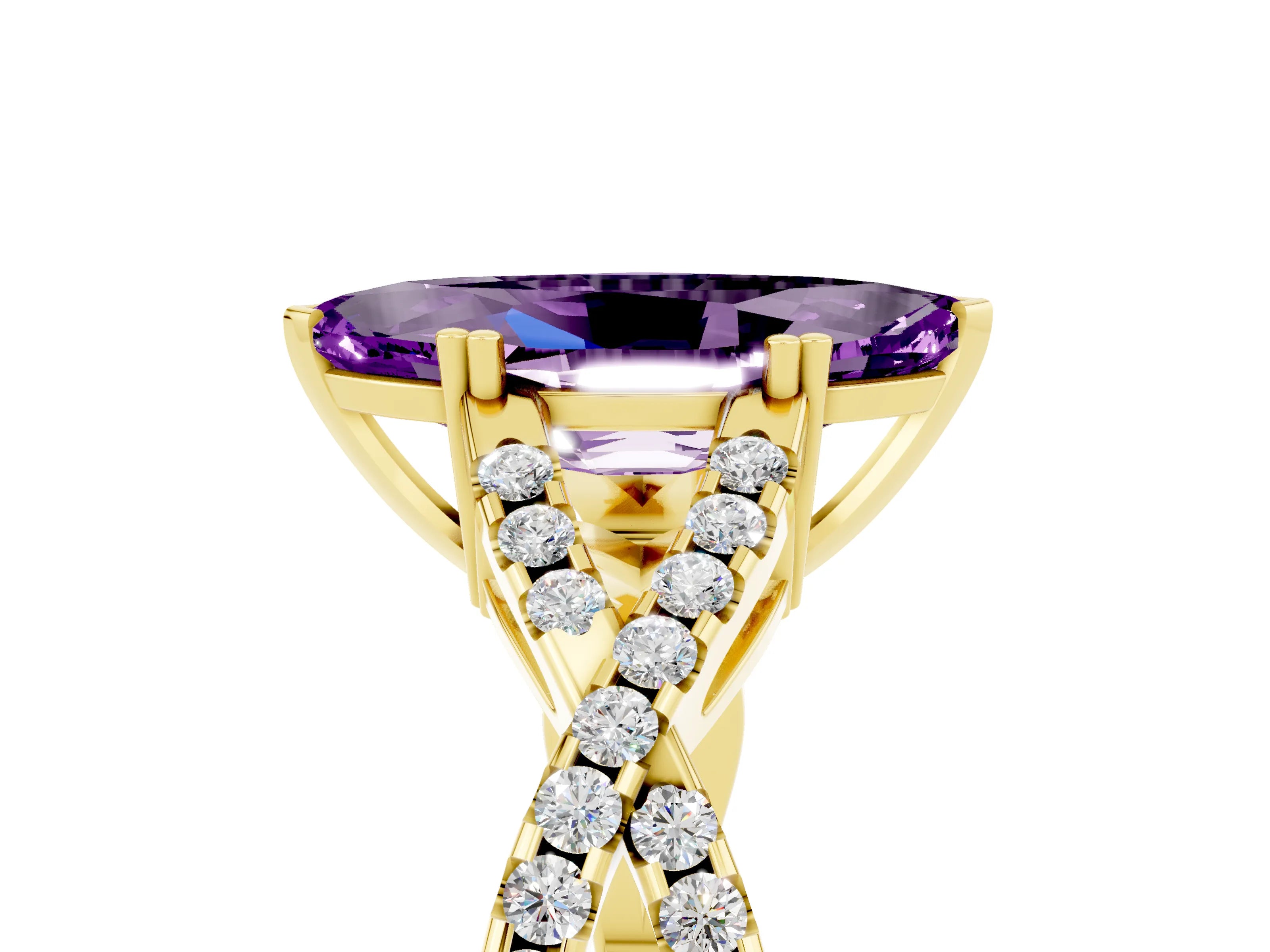 Yellow gold Marquise Cut Amethyst Solitaire Ring with Four-Prong Setting and Twisted Pavé Band_5