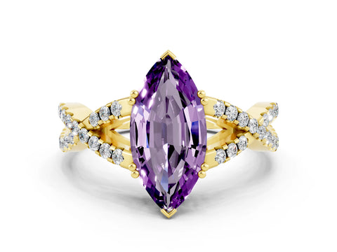 Yellow gold Marquise Cut Amethyst Solitaire Ring with Four-Prong Setting and Twisted Pavé Band