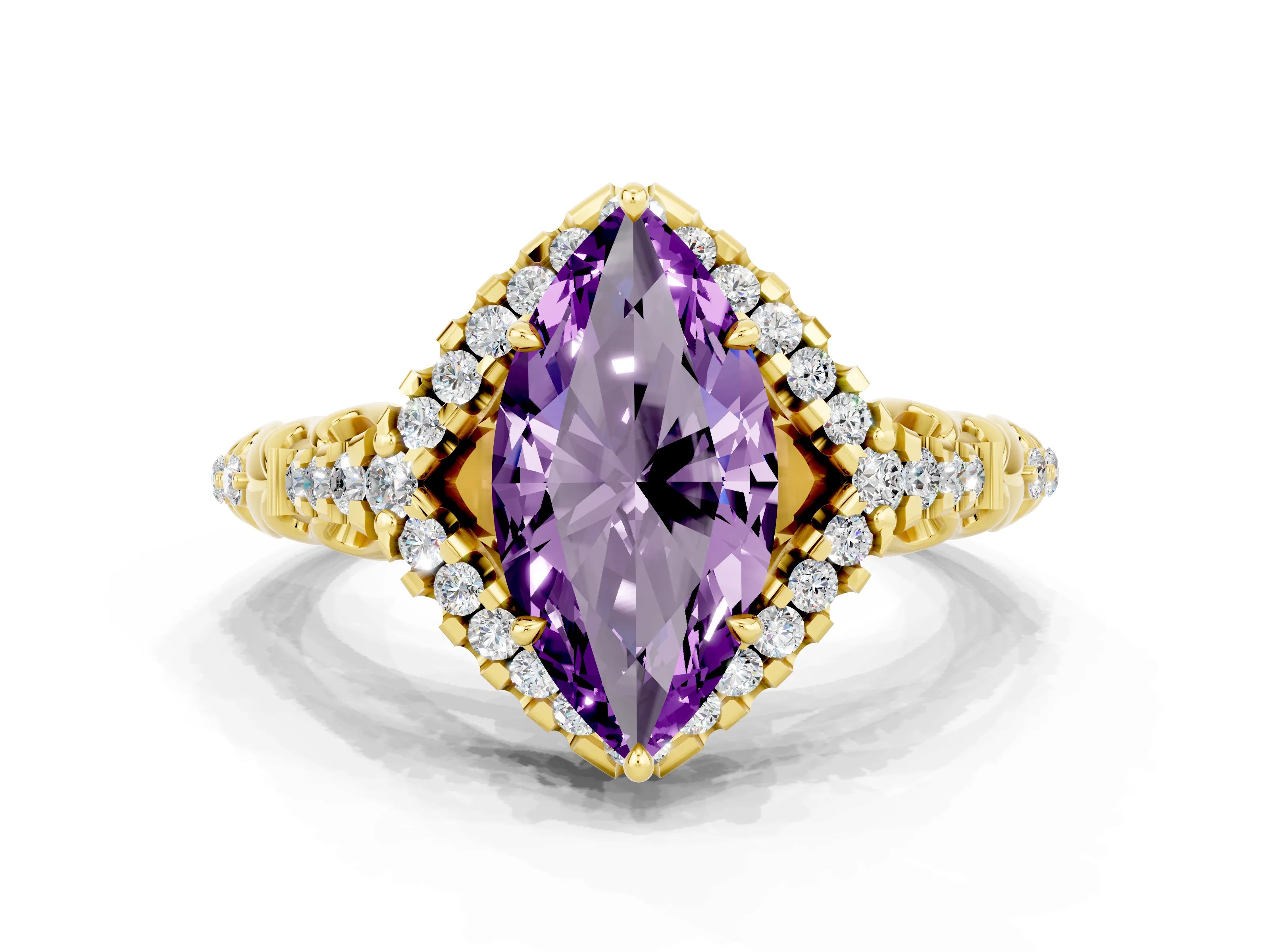 Yellow gold Marquise Cut Amethyst Solitaire Ring with Hidden Halo and Pavé Band_12