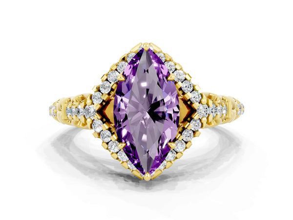 Yellow gold Marquise Cut Amethyst Solitaire Ring with Hidden Halo and Pavé Band