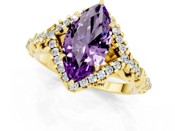 Yellow gold Marquise Cut Amethyst Solitaire Ring with Hidden Halo and Pavé Band