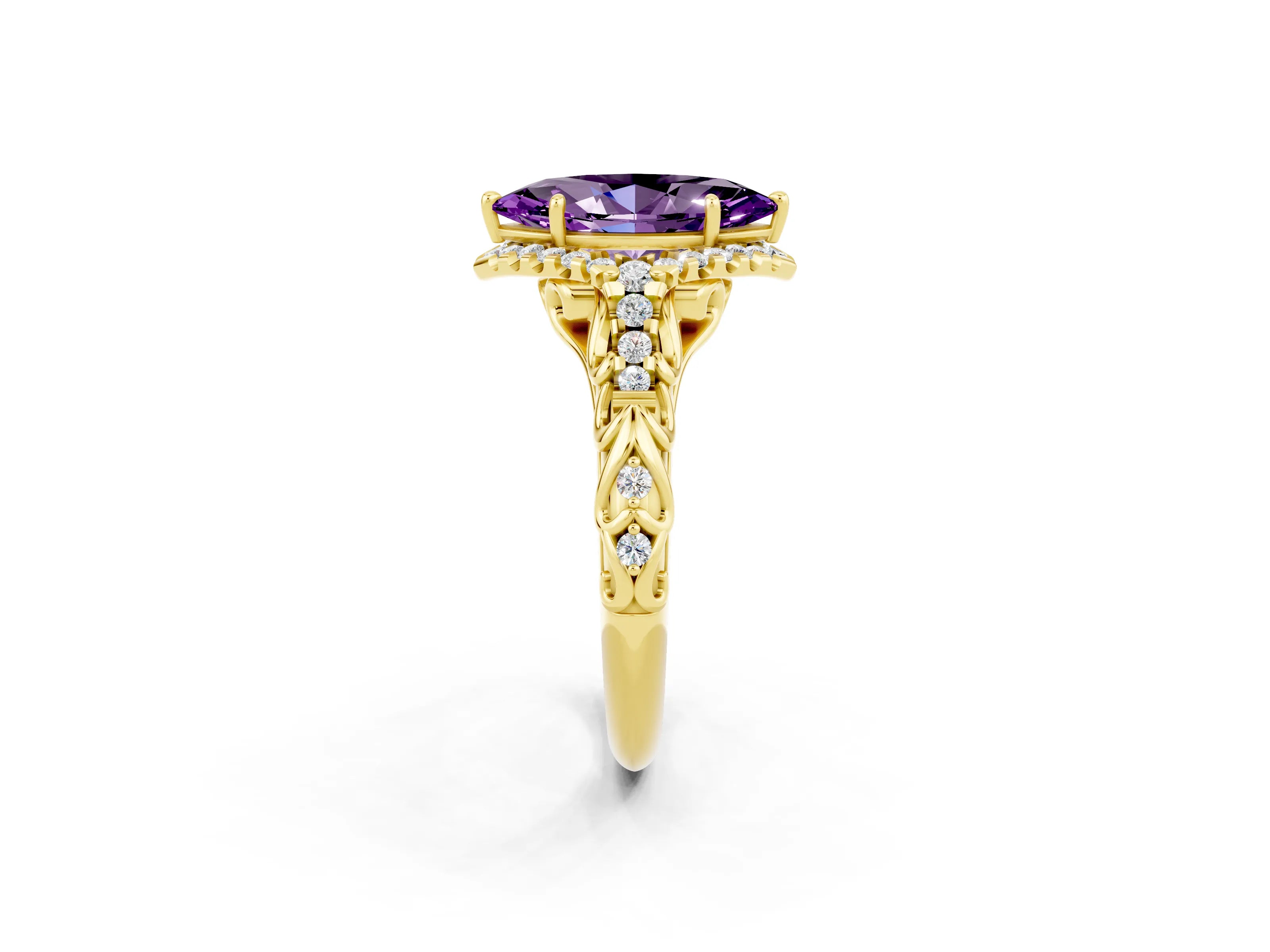 Yellow gold Marquise Cut Amethyst Solitaire Ring with Hidden Halo and Pavé Band_14