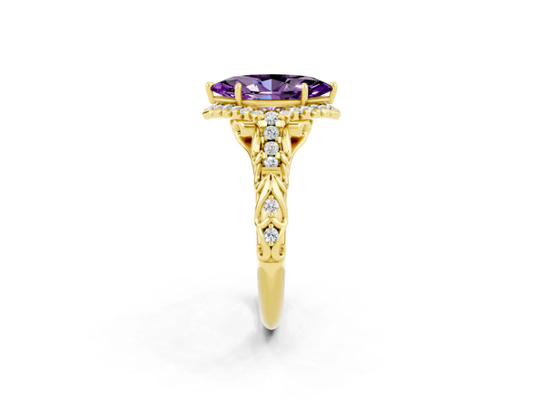 Yellow gold Marquise Cut Amethyst Solitaire Ring with Hidden Halo and Pavé Band