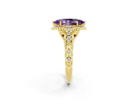 Yellow gold Marquise Cut Amethyst Solitaire Ring with Hidden Halo and Pavé Band_14