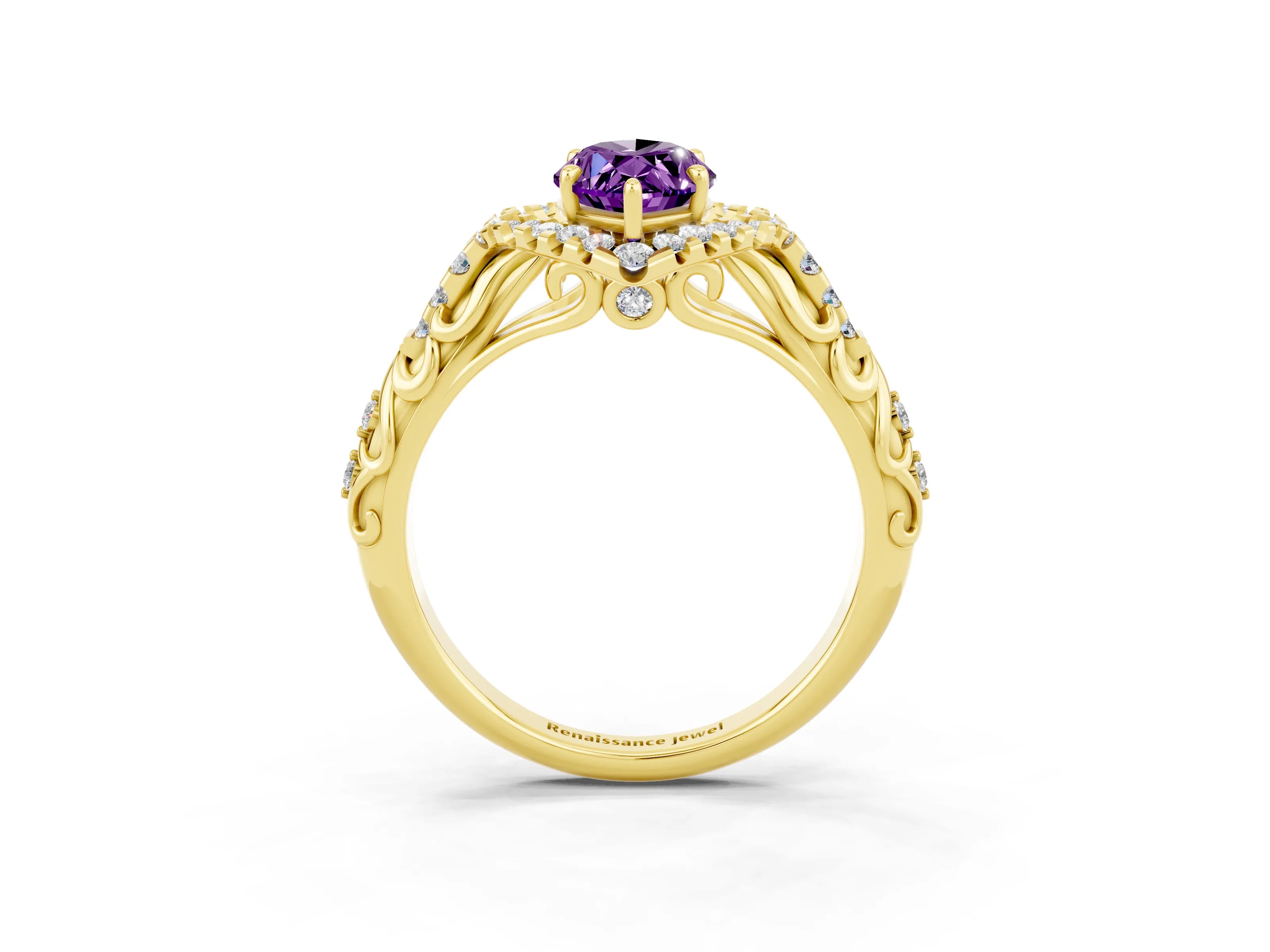 Yellow gold Marquise Cut Amethyst Solitaire Ring with Hidden Halo and Pavé Band_15