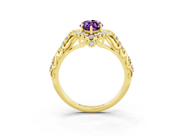 Yellow gold Marquise Cut Amethyst Solitaire Ring with Hidden Halo and Pavé Band