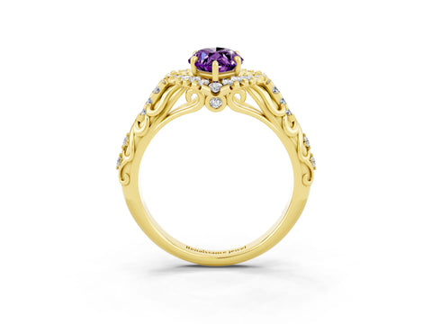 Yellow gold Marquise Cut Amethyst Solitaire Ring with Hidden Halo and Pavé Band_15