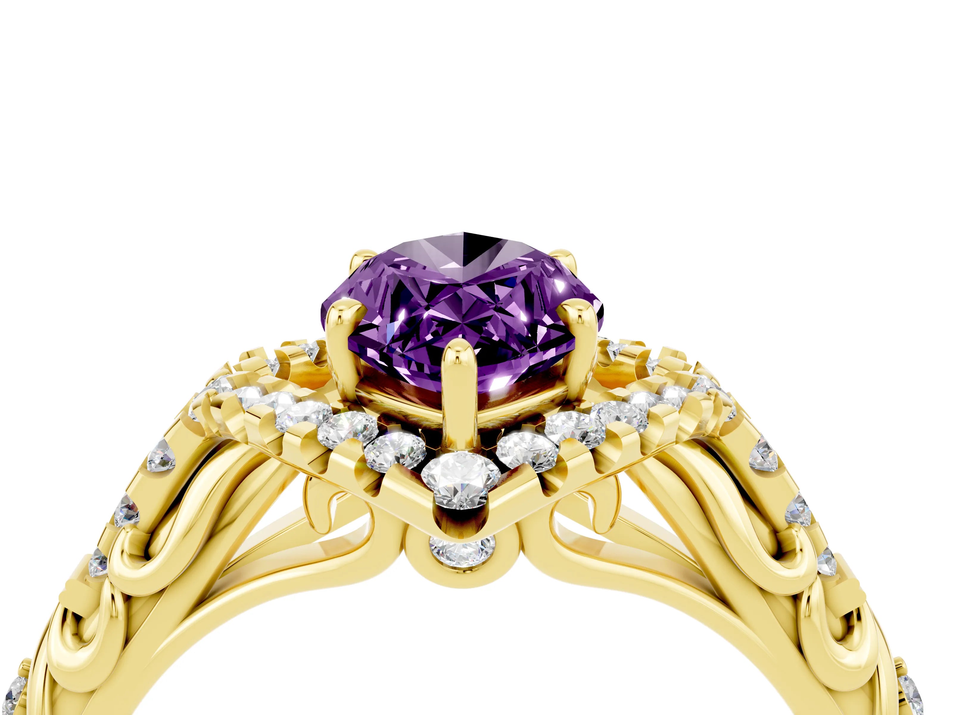Yellow gold Marquise Cut Amethyst Solitaire Ring with Hidden Halo and Pavé Band_16