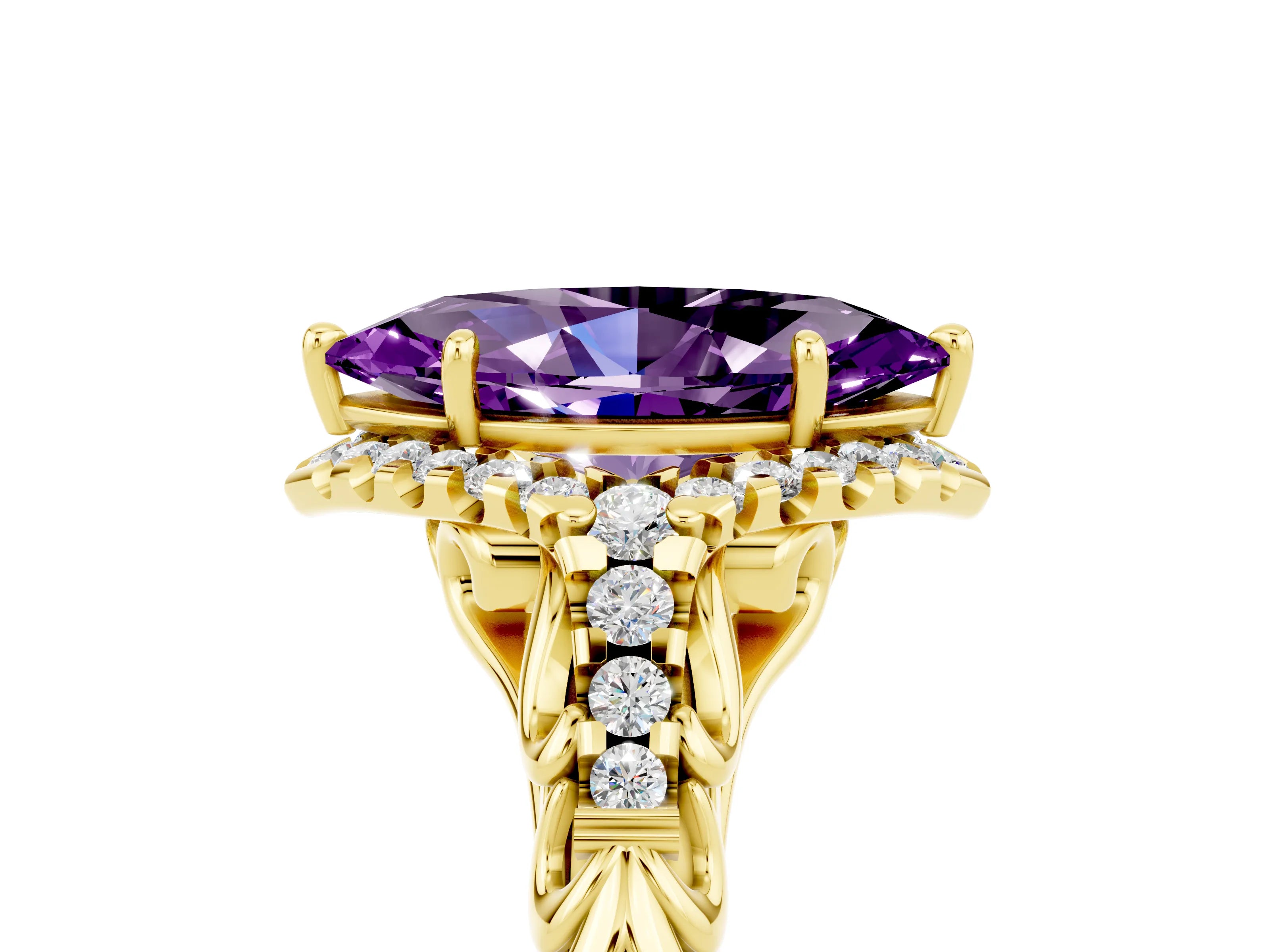 Yellow gold Marquise Cut Amethyst Solitaire Ring with Hidden Halo and Pavé Band_17