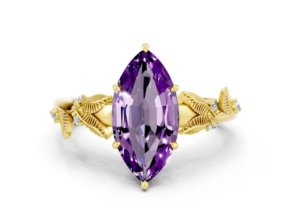Yellow gold Marquise Cut Amethyst Solitaire Ring with Leaf Motif Band and Four-Prong Setting