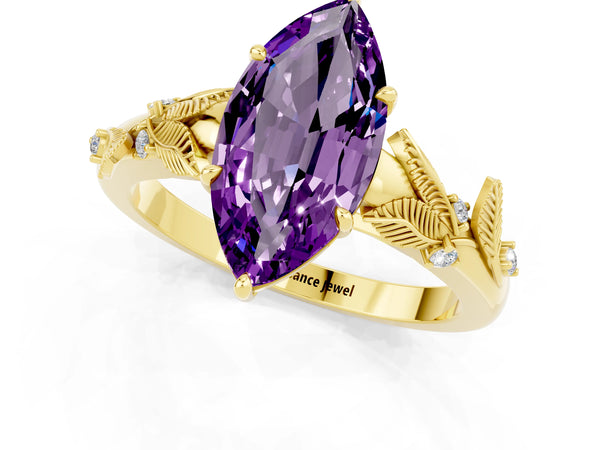 Yellow gold Marquise Cut Amethyst Solitaire Ring with Leaf Motif Band and Four-Prong Setting
