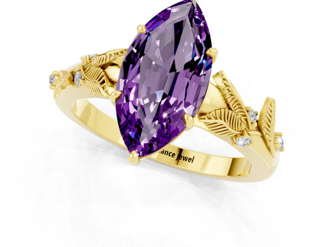Yellow gold Marquise Cut Amethyst Solitaire Ring with Leaf Motif Band and Four-Prong Setting_1