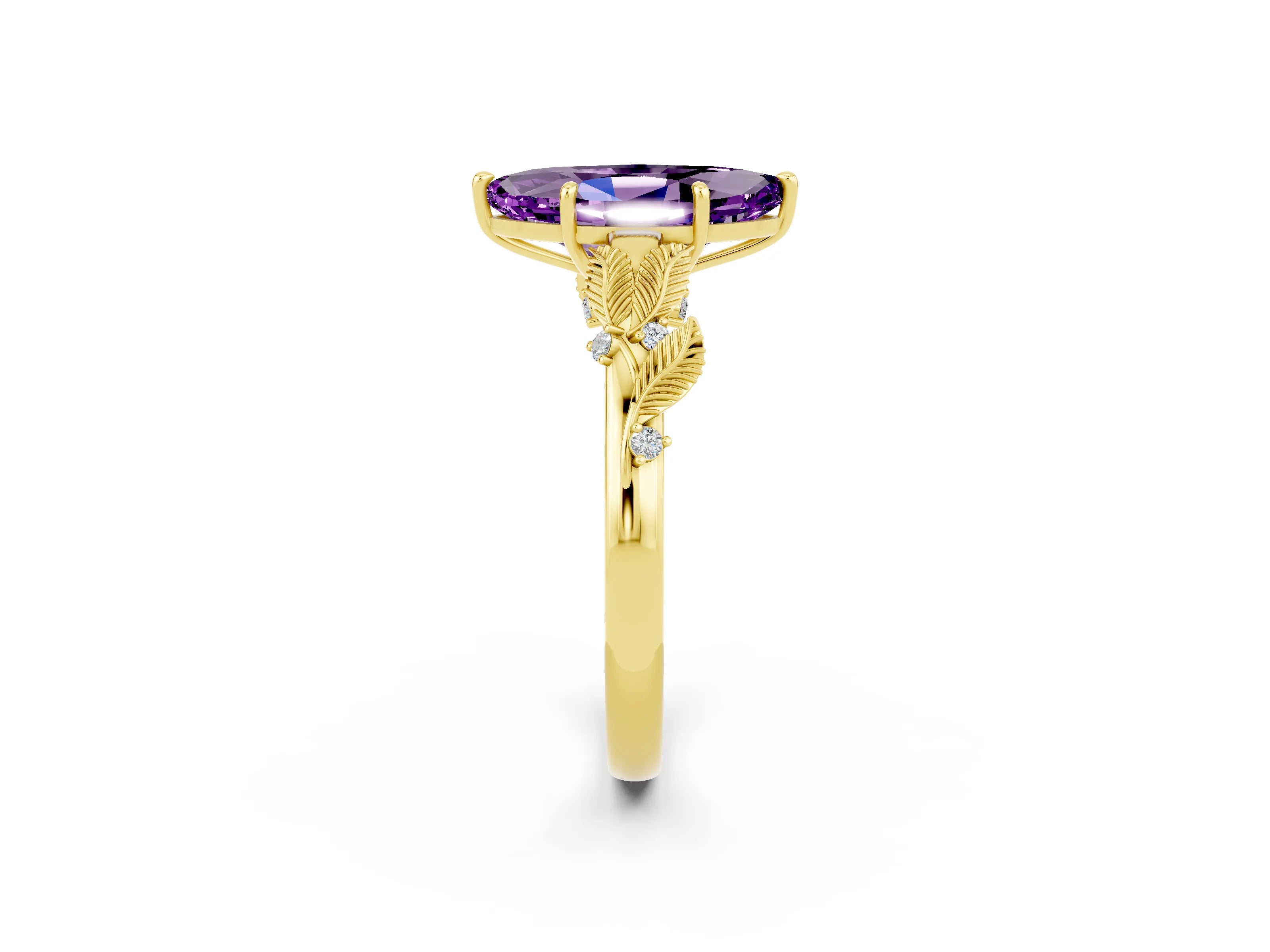 Yellow gold Marquise Cut Amethyst Solitaire Ring with Leaf Motif Band and Four-Prong Setting_2