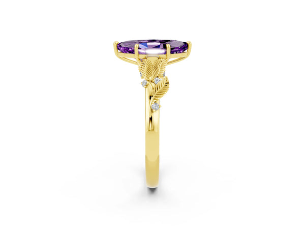 Yellow gold Marquise Cut Amethyst Solitaire Ring with Leaf Motif Band and Four-Prong Setting