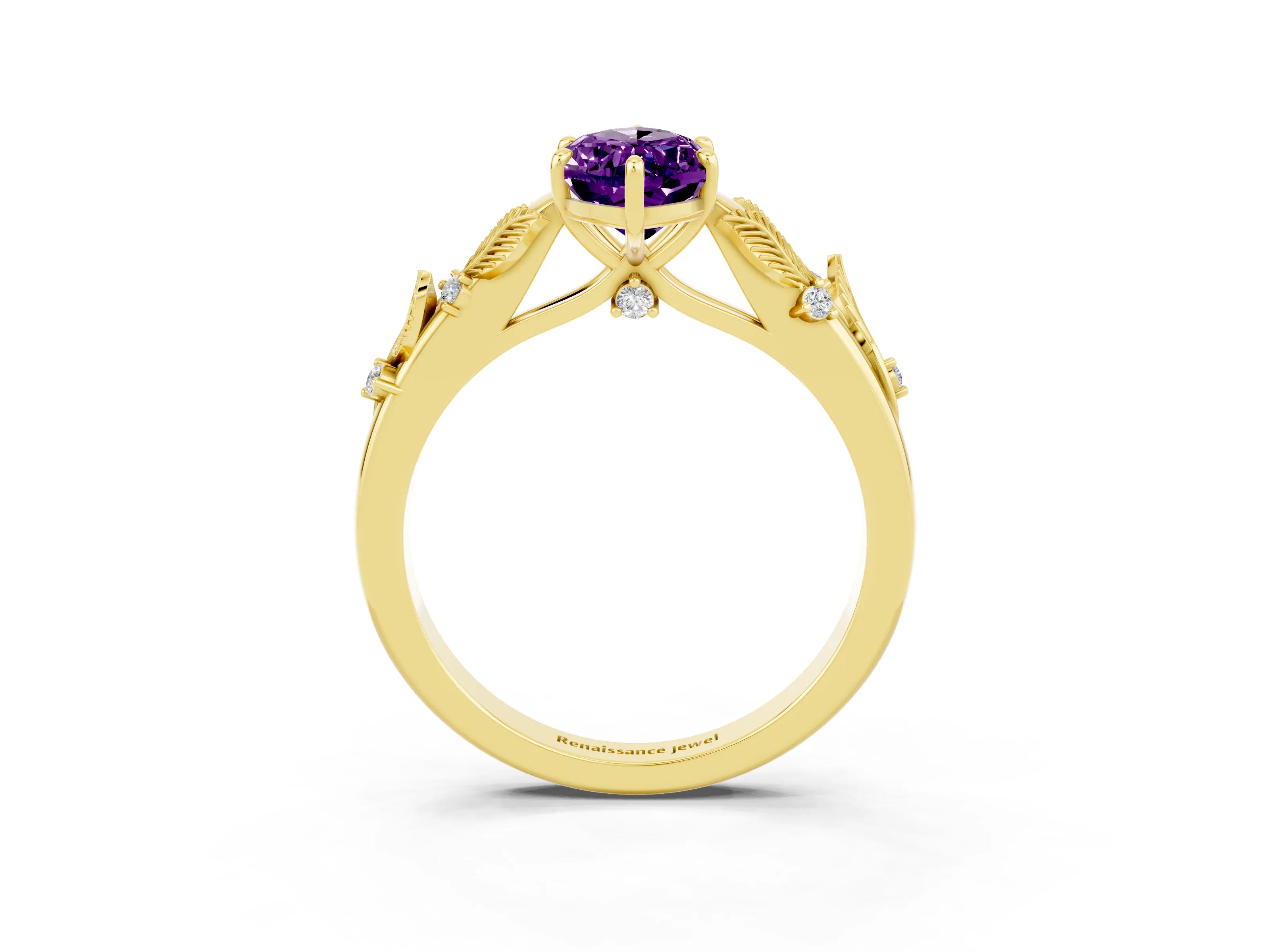 Yellow gold Marquise Cut Amethyst Solitaire Ring with Leaf Motif Band and Four-Prong Setting_3