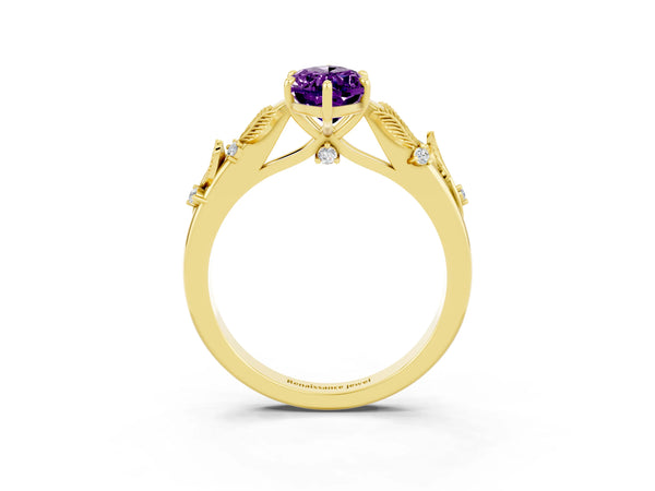 Yellow gold Marquise Cut Amethyst Solitaire Ring with Leaf Motif Band and Four-Prong Setting