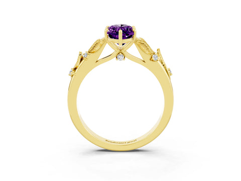 Yellow gold Marquise Cut Amethyst Solitaire Ring with Leaf Motif Band and Four-Prong Setting_3