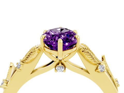 Yellow gold Marquise Cut Amethyst Solitaire Ring with Leaf Motif Band and Four-Prong Setting_4