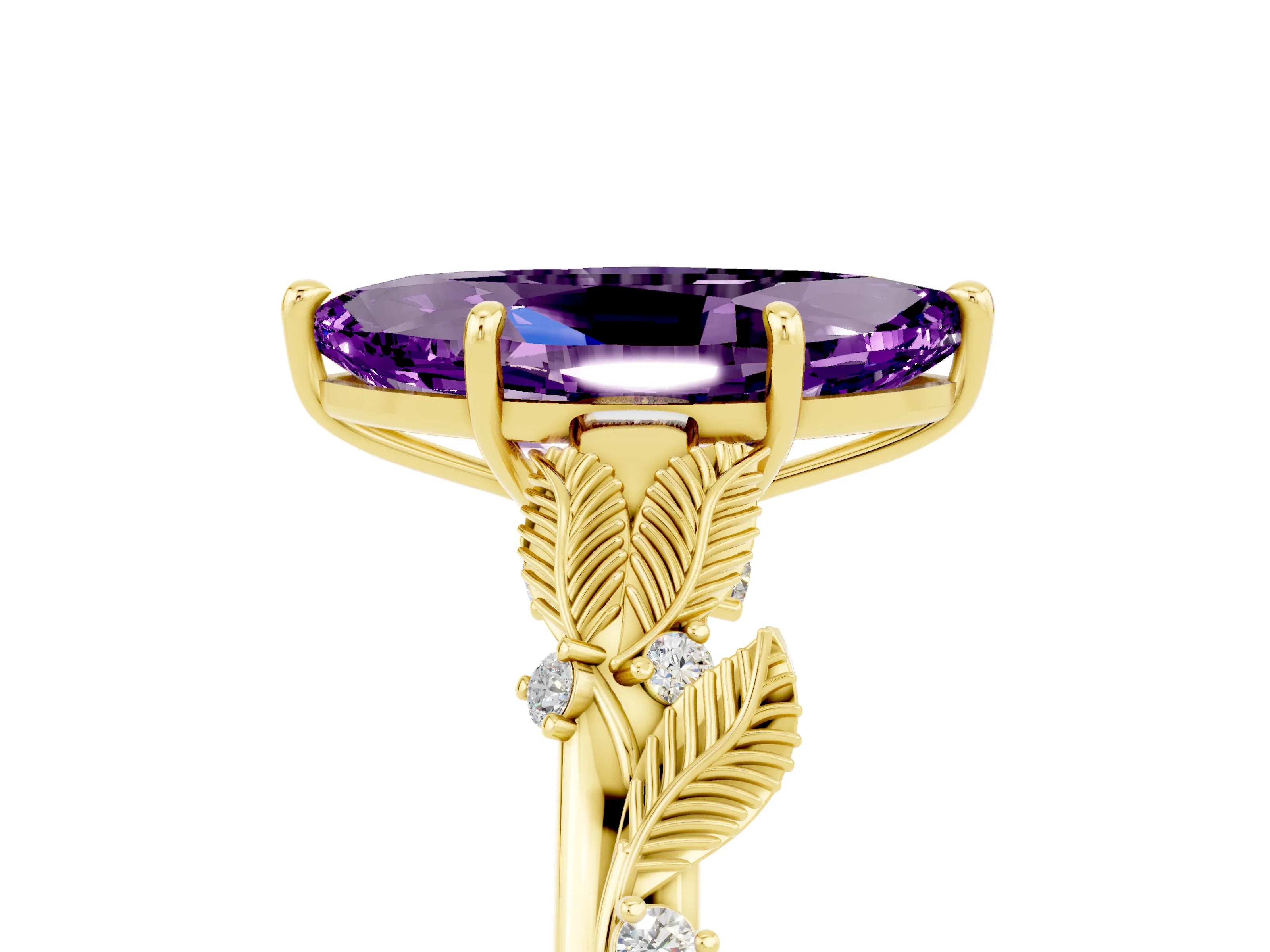 Yellow gold Marquise Cut Amethyst Solitaire Ring with Leaf Motif Band and Four-Prong Setting_5