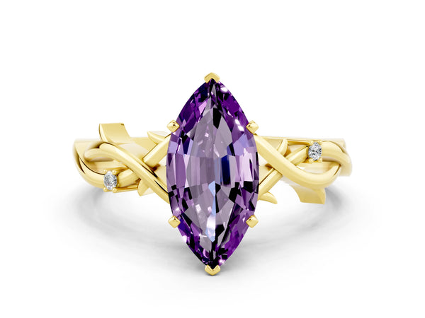 Yellow gold Marquise Cut Amethyst Solitaire Ring with Milgrain Pavé Band and Four-Prong Setting