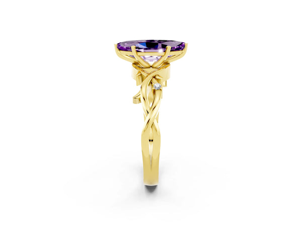 Yellow gold Marquise Cut Amethyst Solitaire Ring with Milgrain Pavé Band and Four-Prong Setting