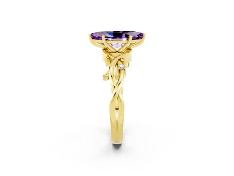 Yellow gold Marquise Cut Amethyst Solitaire Ring with Milgrain Pavé Band and Four-Prong Setting_14