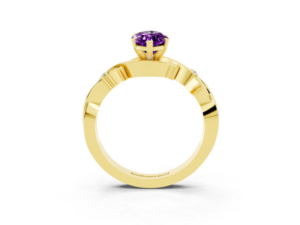 Yellow gold Marquise Cut Amethyst Solitaire Ring with Milgrain Pavé Band and Four-Prong Setting