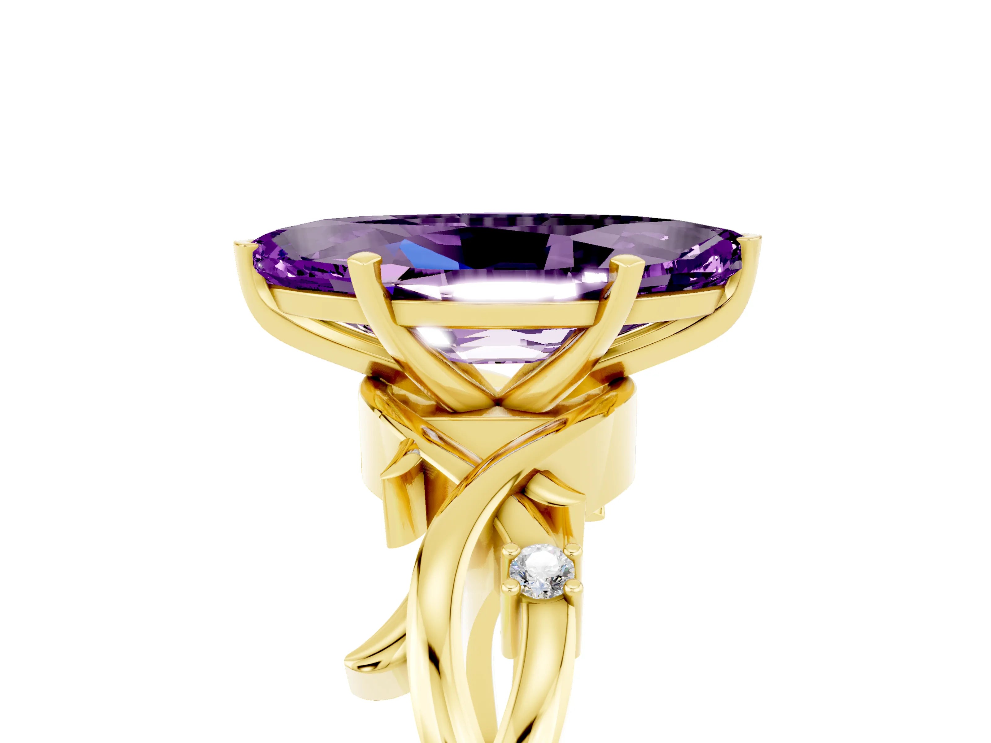 Yellow gold Marquise Cut Amethyst Solitaire Ring with Milgrain Pavé Band and Four-Prong Setting_17