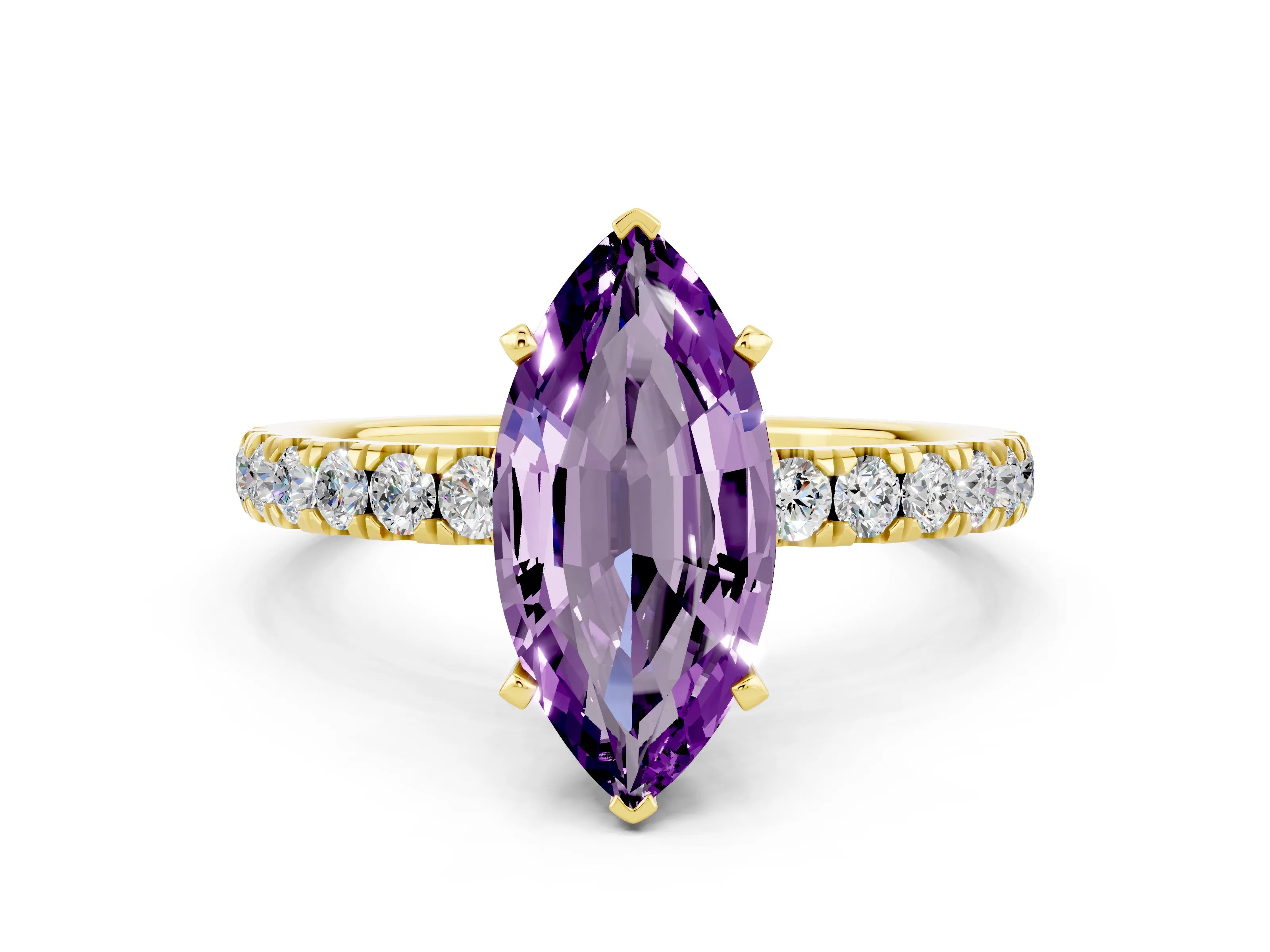 Yellow gold Marquise Cut Amethyst Solitaire Ring with Pavé Accents and Four-Prong Setting