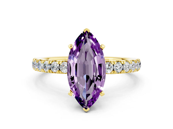 Yellow gold Marquise Cut Amethyst Solitaire Ring with Pavé Accents and Four-Prong Setting