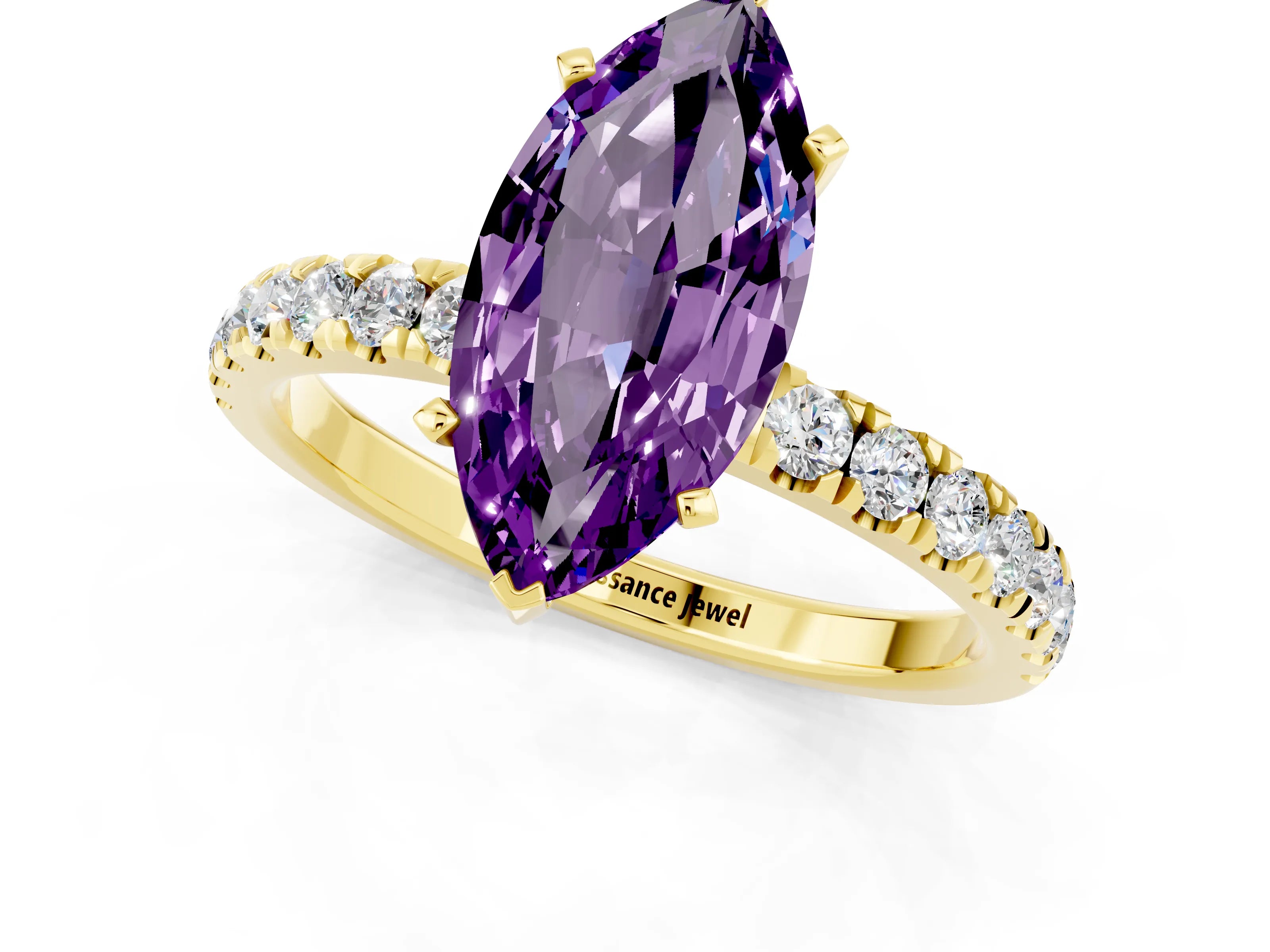 Yellow gold Marquise Cut Amethyst Solitaire Ring with Pavé Accents and Four-Prong Setting_1