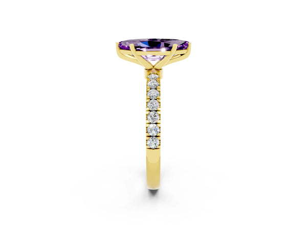 Yellow gold Marquise Cut Amethyst Solitaire Ring with Pavé Accents and Four-Prong Setting
