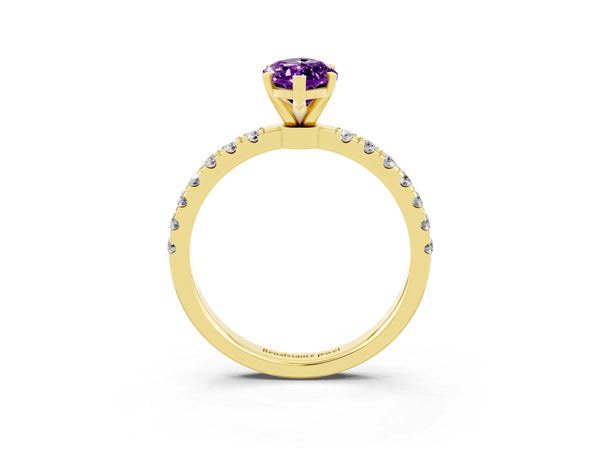 Yellow gold Marquise Cut Amethyst Solitaire Ring with Pavé Accents and Four-Prong Setting