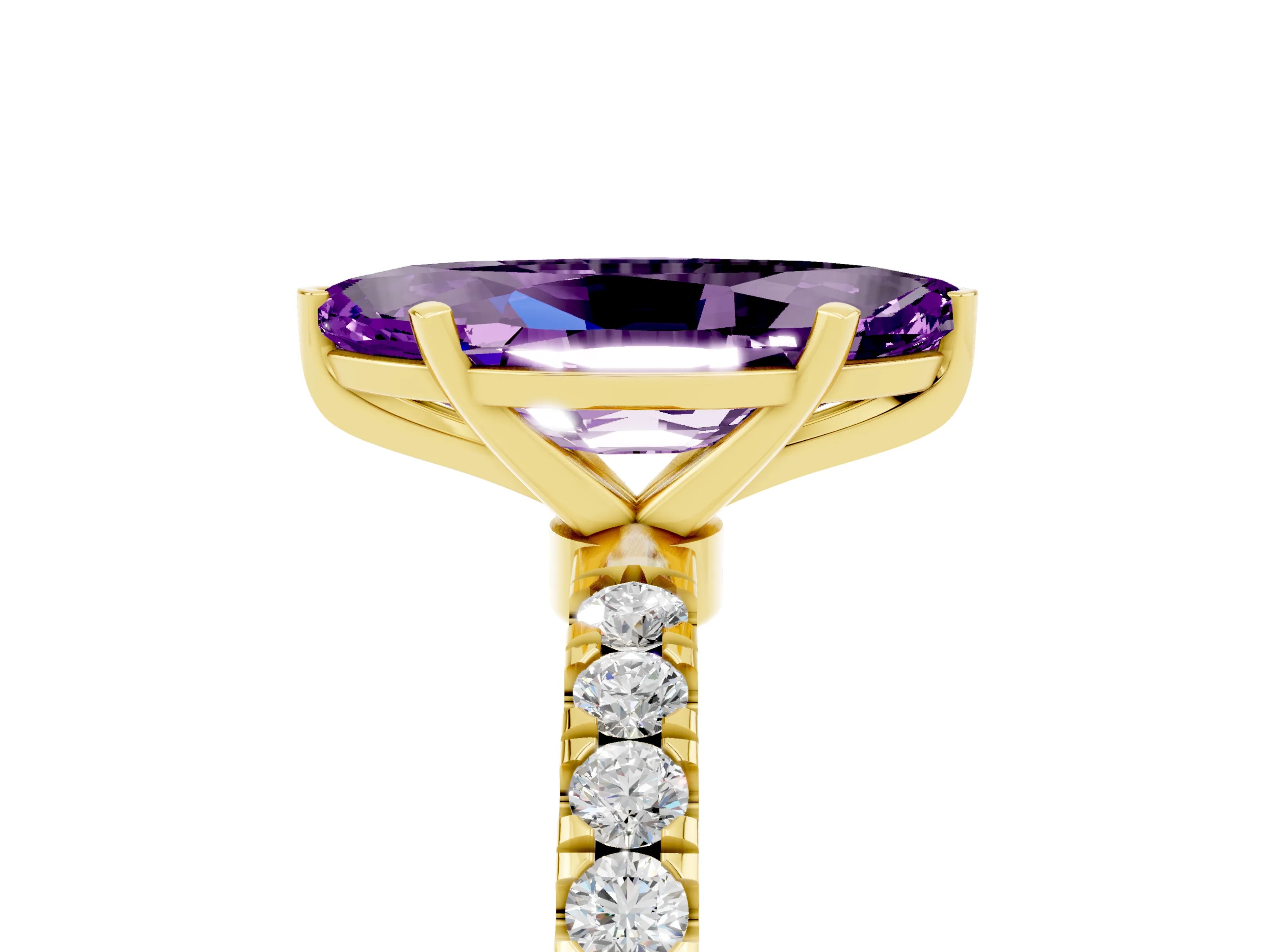 Yellow gold Marquise Cut Amethyst Solitaire Ring with Pavé Accents and Four-Prong Setting_5
