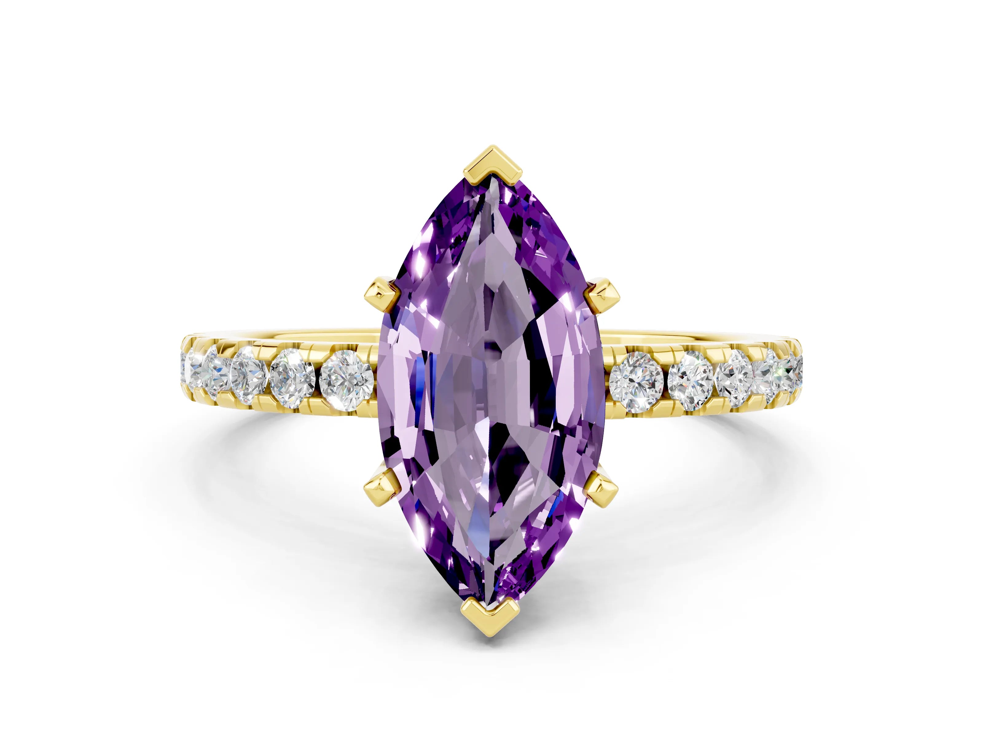 Yellow gold Marquise Cut Amethyst Solitaire Ring with Pavé Band and Four-Prong Setting_24