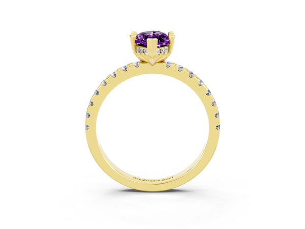 Yellow gold Marquise Cut Amethyst Solitaire Ring with Round  Pavé Band and Four-Prong Setting