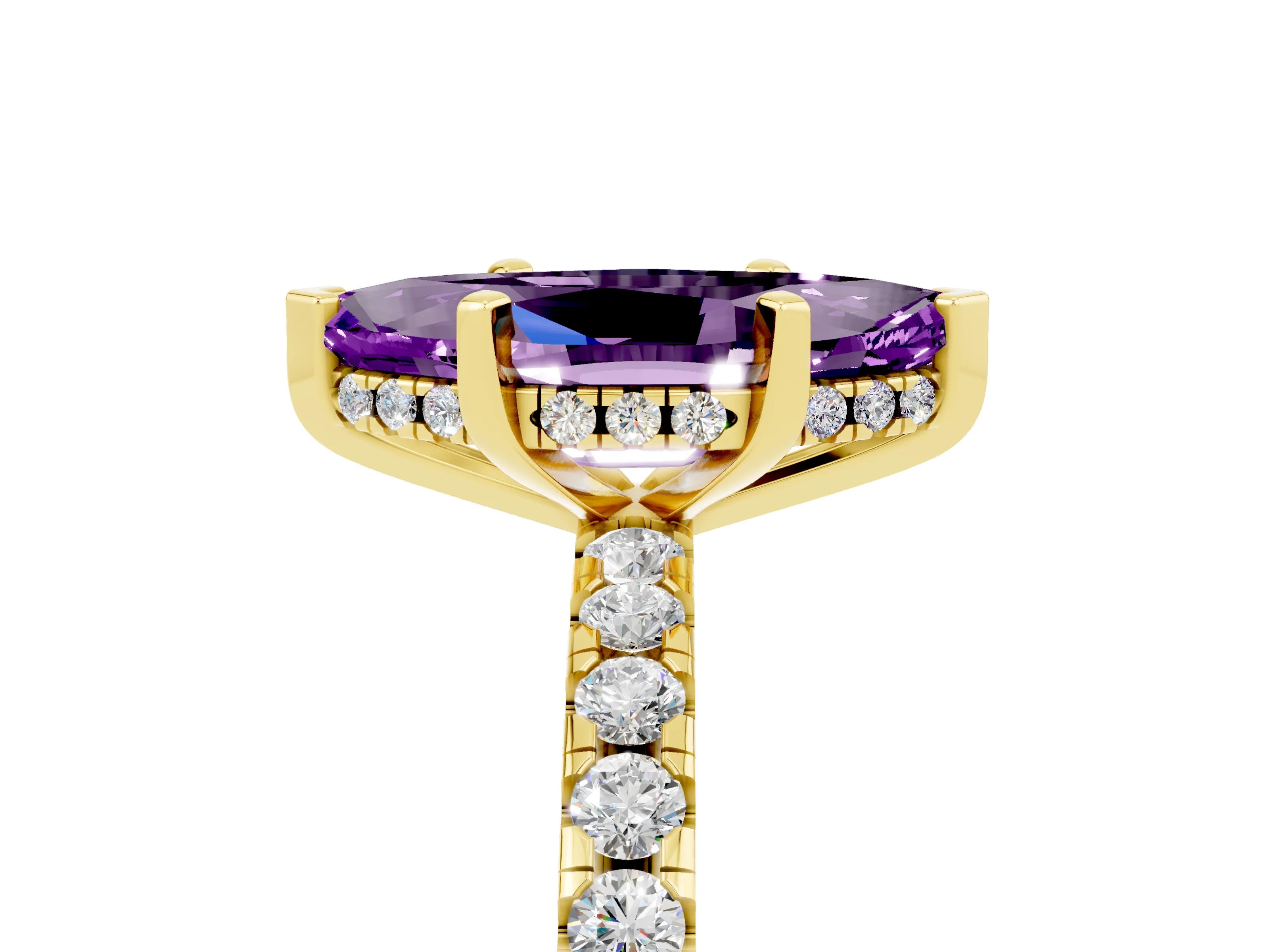 Yellow gold Marquise Cut Amethyst Solitaire Ring with Pavé Band and Four-Prong Setting_29