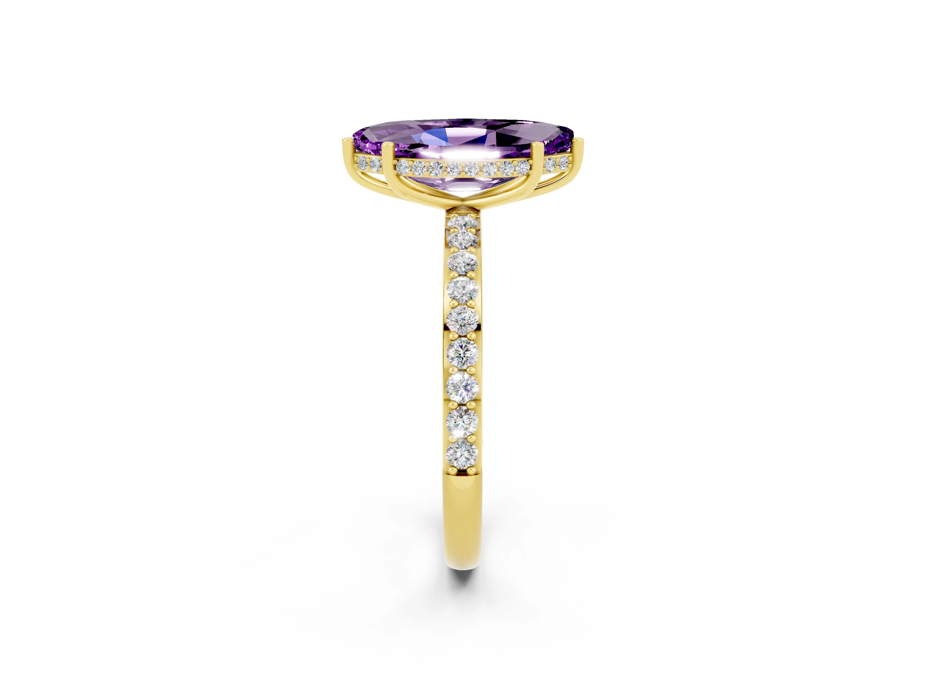 Yellow gold Marquise Cut Amethyst Solitaire Ring with Pavé Band and Hidden Halo_14