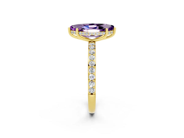 Yellow gold Marquise Cut Amethyst Solitaire Ring with Pavé Band and Hidden Halo