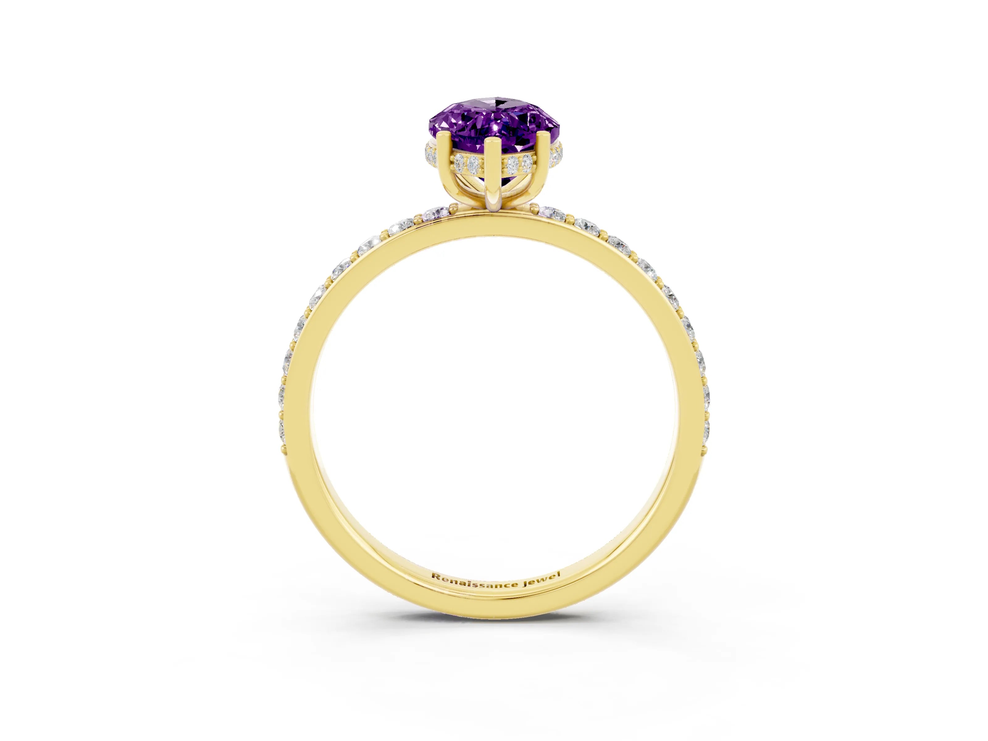 Yellow gold Marquise Cut Amethyst Solitaire Ring with Pavé Band and Hidden Halo_15
